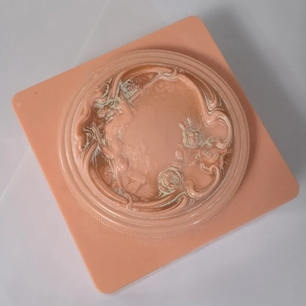 Vintage Evyan Peach Powder Box Floral Relief Crown Logo Mid Century Vanity Jar